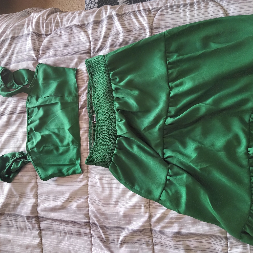 Green Satin Two-Piece Set